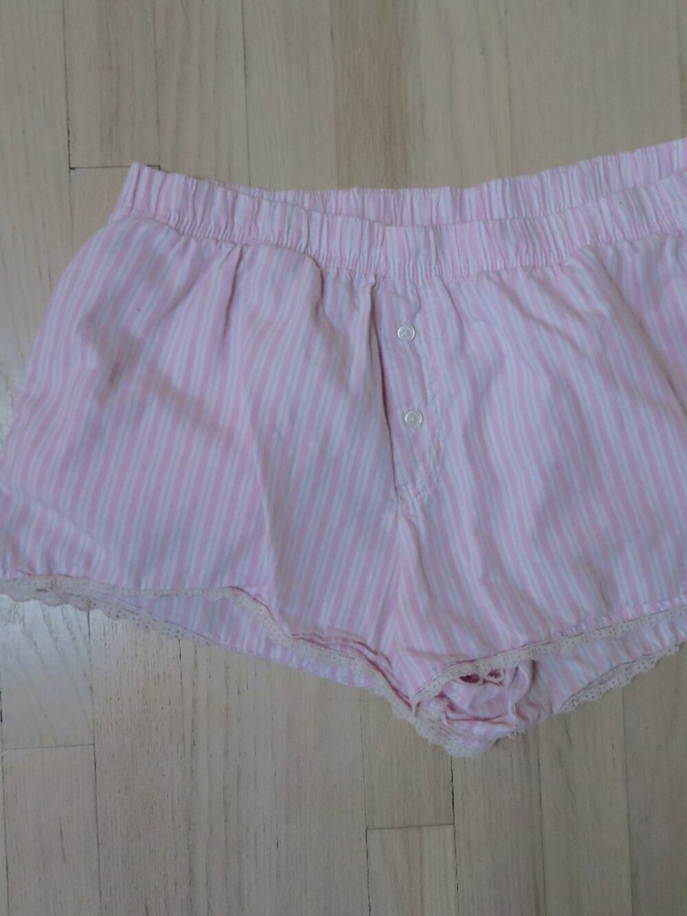 Hollister Sleep Cotton Mini Shorts Pink White Stripe Lace Trim sz Large